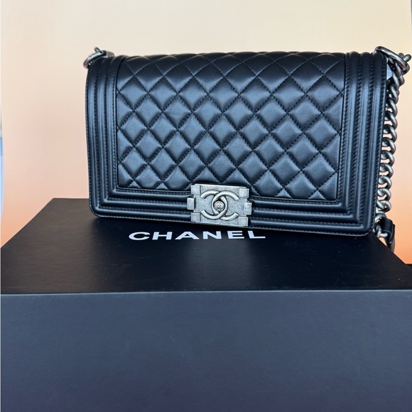 CHANEL Handbags - Chanel Black Quilted Leboy Bag , Lambskin leather Silver Accents.COA included